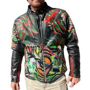 Vintage‎ Biker Jacket, One-of-a-kind Custom Painted Leather, "Get Lucky" Large